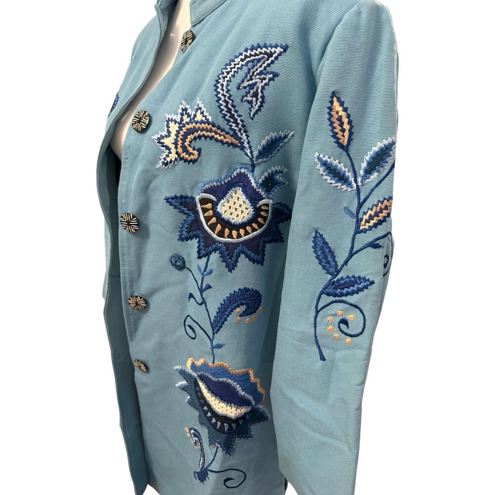 Indigo Moon Embroidered Floral Long Jacket Blue Cotton Mandarin Collar Size S - Picture 4 of 12
